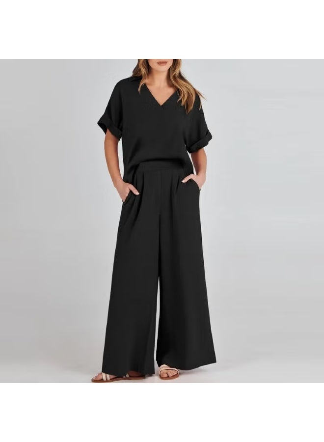 Barbora Elegant Women's T-Shirt and Long Pants Top and Bottom Two Piece Set V Neck Short Sleeve Casual Casual Dress LN27BLACK - Image 3
